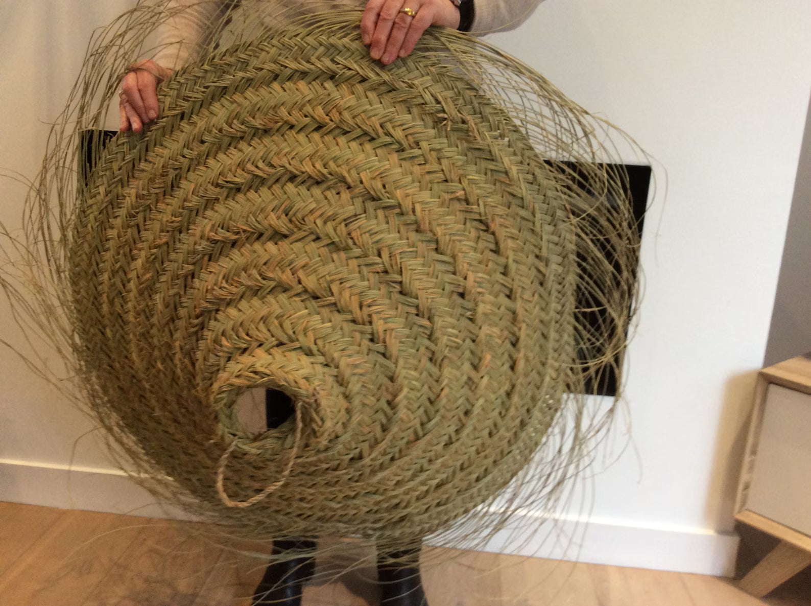 Très grande Suspension abat jour luminaire plate en paille alfa