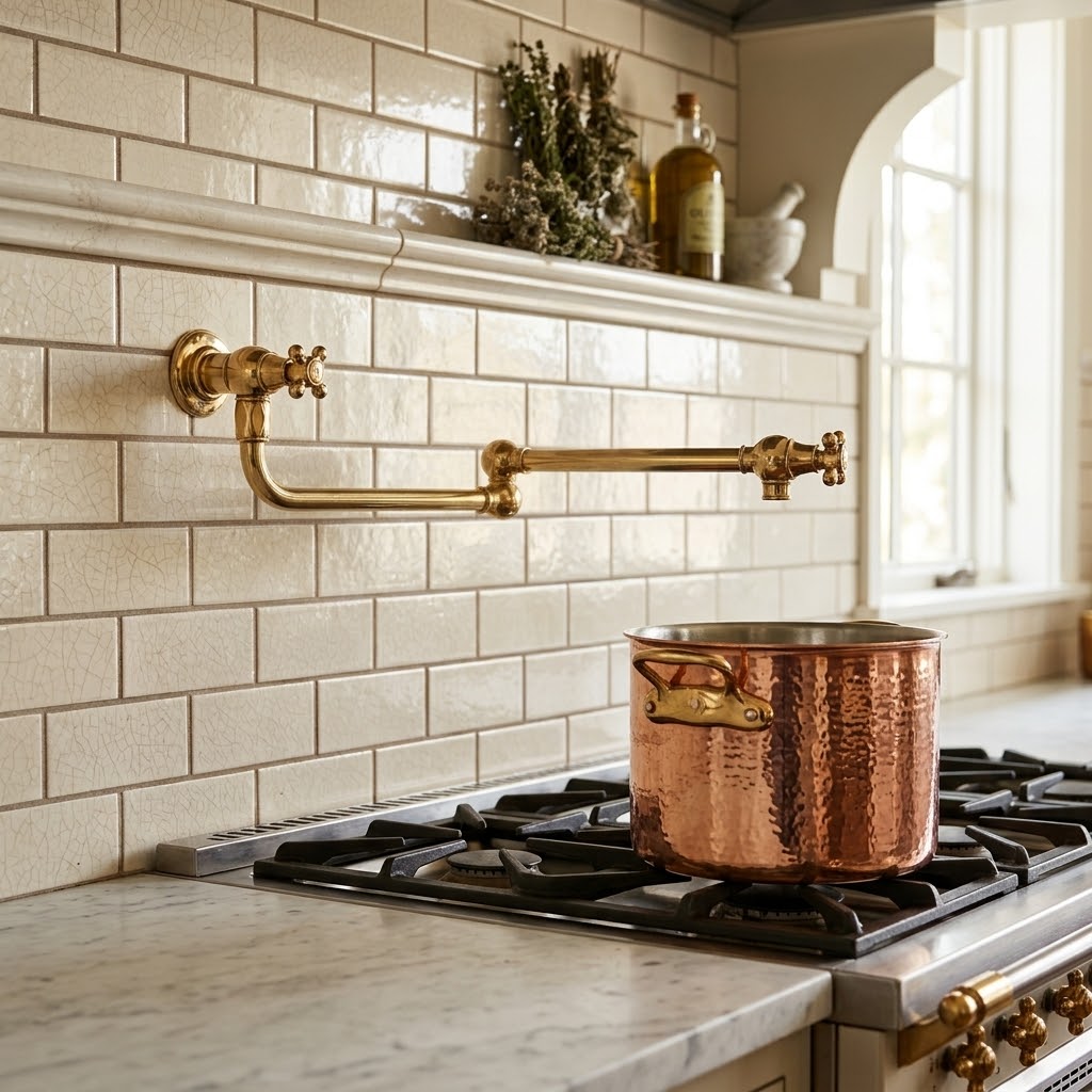 Unlacquered Brass Pot Filler Faucet, Wall Mount Kitchen Faucet, Double Handle Pot Filler, Traditional Brass Faucet, Vintage Kitchen Faucet