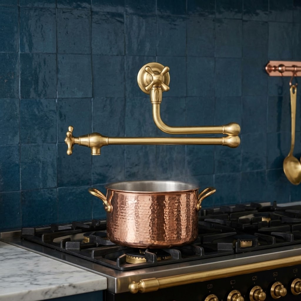 Unlacquered Brass Pot Filler Faucet, Wall Mount Kitchen Faucet, Double Handle Pot Filler, Traditional Brass Faucet, Vintage Kitchen Faucet