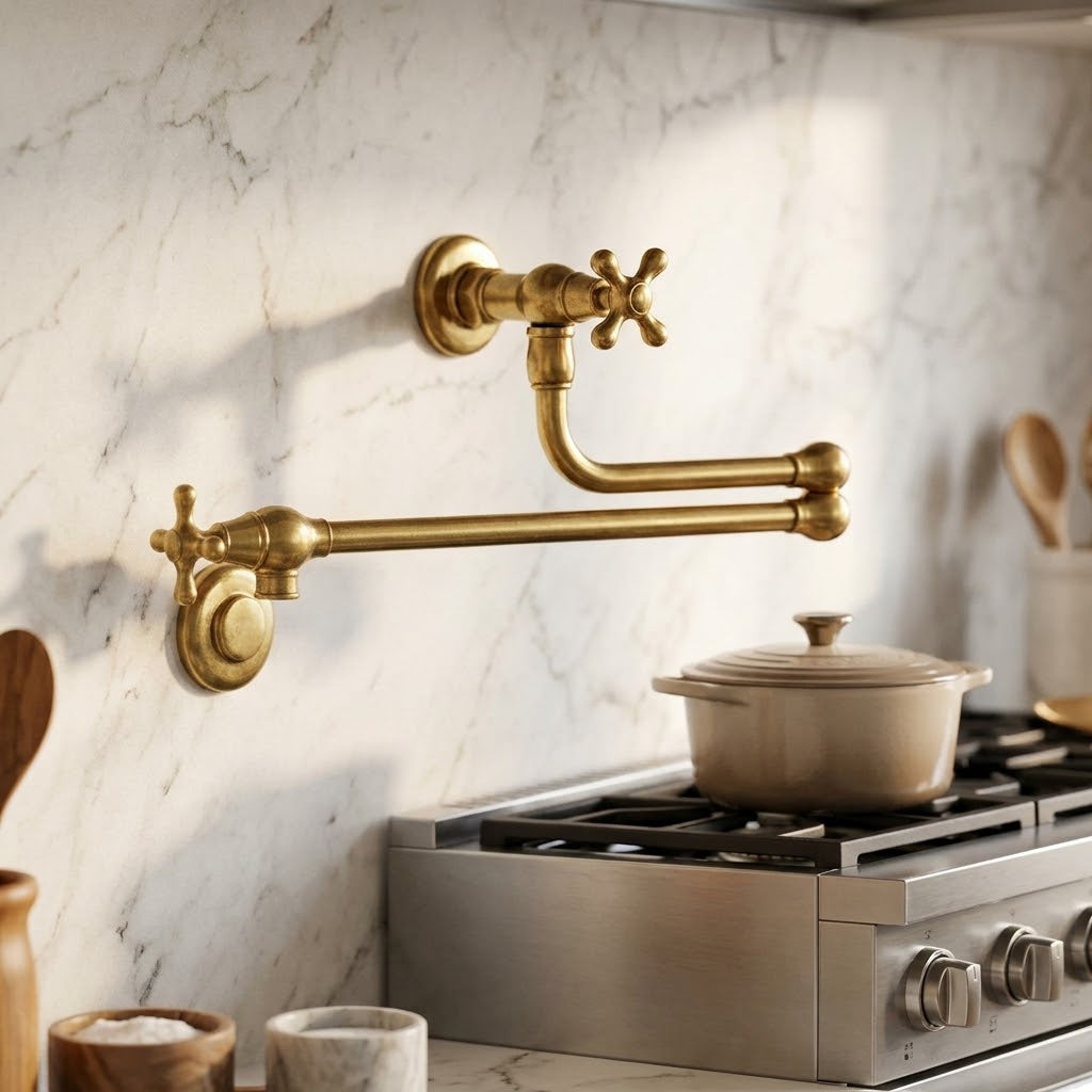 Unlacquered Brass Pot Filler Faucet, Wall Mount Kitchen Faucet, Double Handle Pot Filler, Traditional Brass Faucet, Vintage Kitchen Faucet