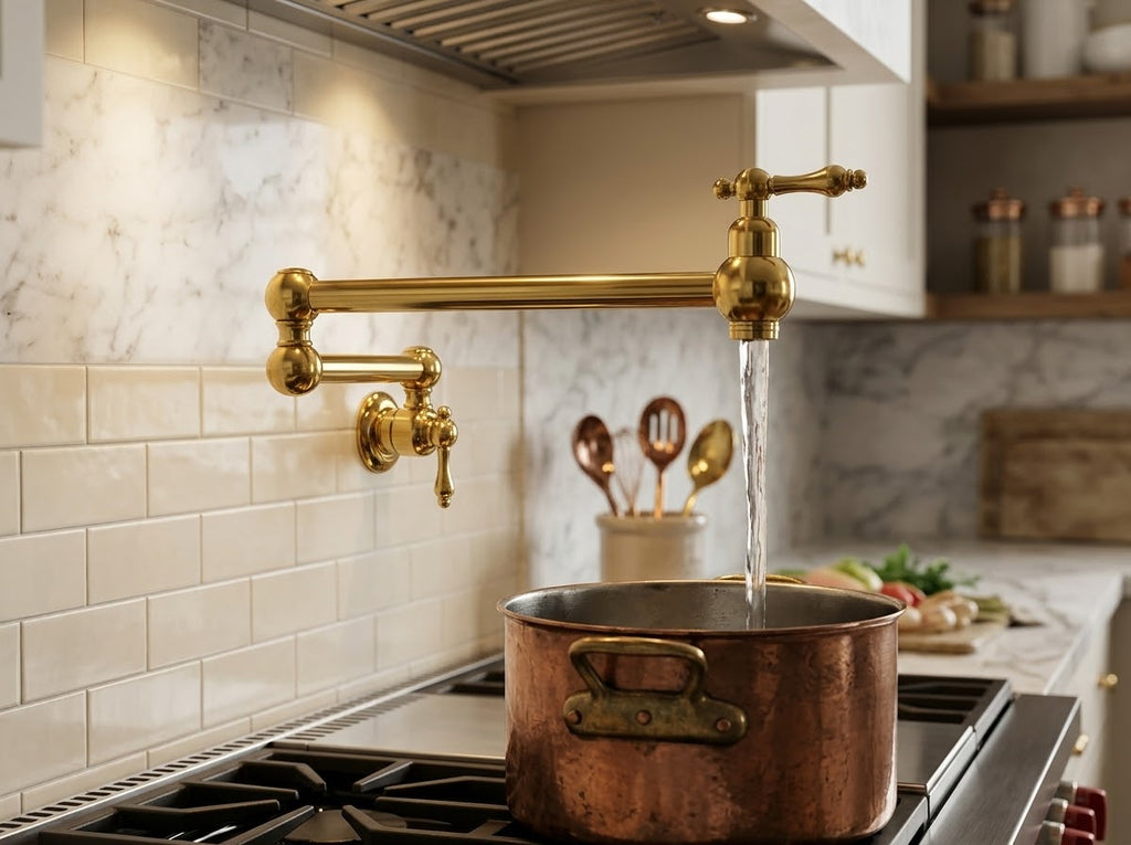 Unlacquered Brass Pot Filler Faucet | Wall Mount Kitchen Pot Filler | Traditional Brass Kitchen Faucet