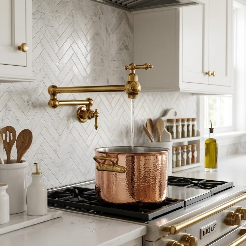 Unlacquered Brass Pot Filler Faucet | Wall Mount Kitchen Pot Filler | Traditional Brass Kitchen Faucet